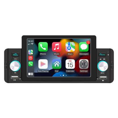Car MP5 head unit with 5-inch touchscreen, dual side knobs, and front USB ports