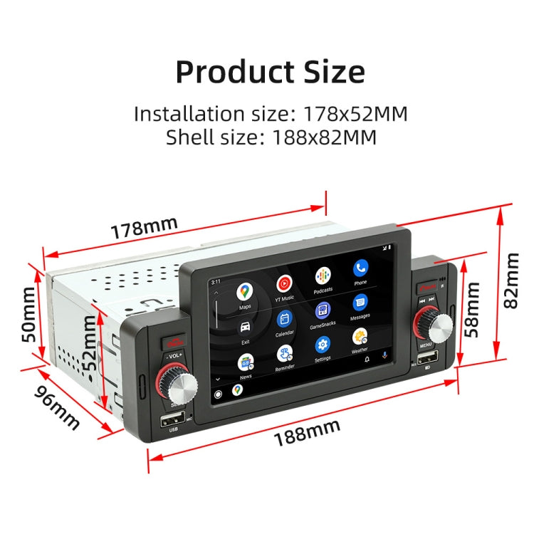 Car MP5 head unit size diagram showing installation, shell, width, and height