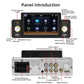 Car MP5 head unit panel diagram with controls, mic input, and charging ports