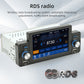 Car MP5 head unit showing RDS radio screen with tuning and band controls