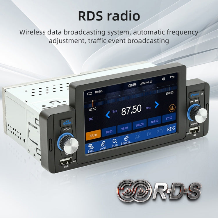 Car MP5 head unit showing RDS radio screen with tuning and band controls