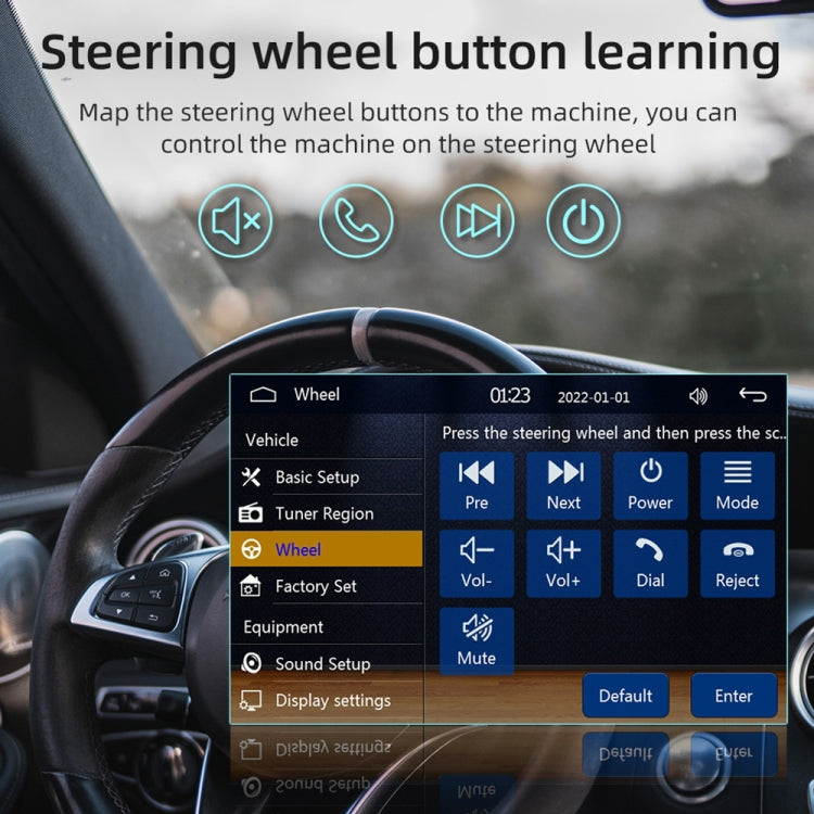 Car MP5 head unit steering wheel button learning screen with on-screen controls
