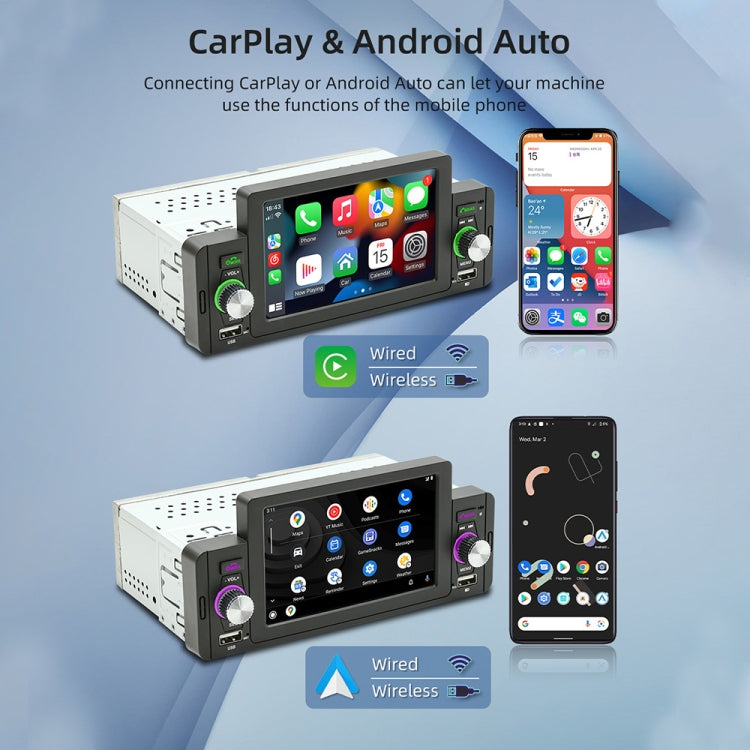 Car MP5 head unit with touchscreen apps and phone CarPlay/Android Auto connection