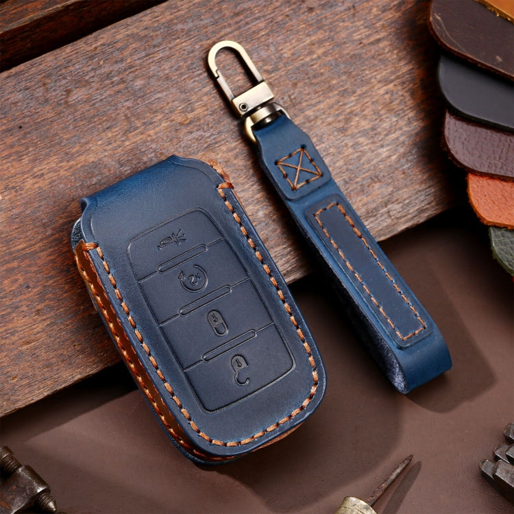Blue leather 4-button key fob protective case with keyring strap and contrast stitching