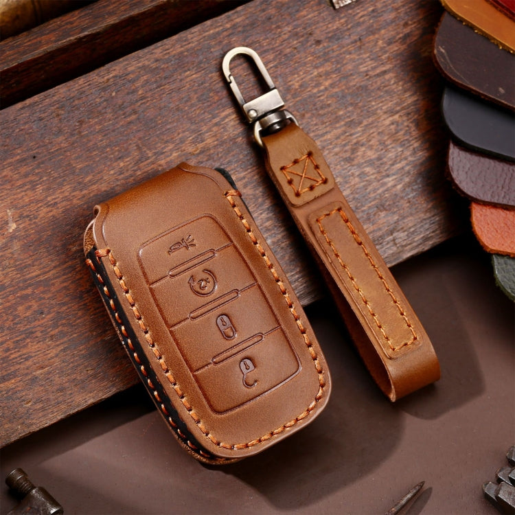 Brown leather 4-button key fob protective case with keyring strap and contrast stitching