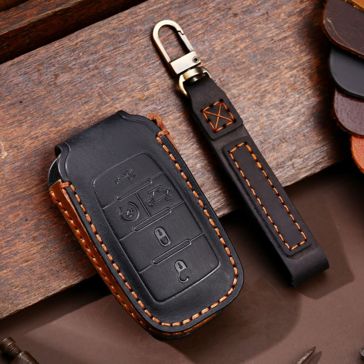 Black leather key fob protective case with orange stitching and metal key ring, 5-button