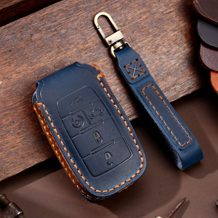 Blue leather key fob protective case with orange stitching and metal key ring, 5-button