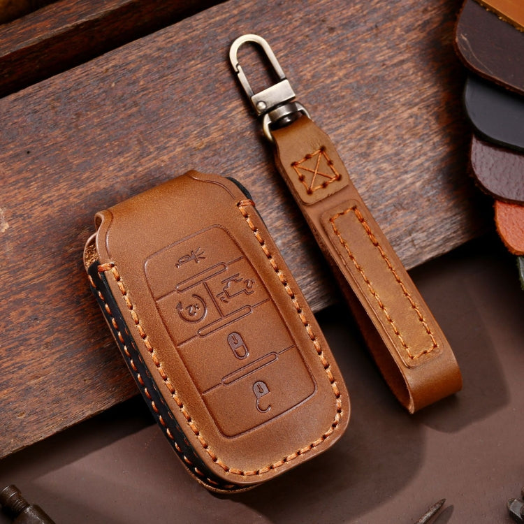Brown leather key fob protective case with orange stitching and metal key ring, 5-button
