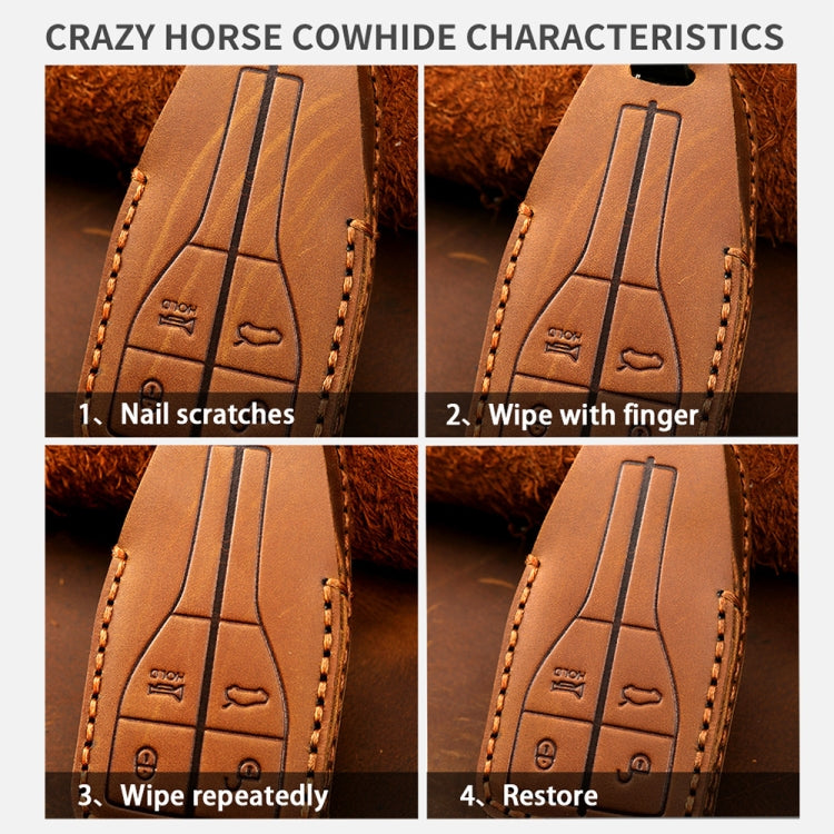 Leather key case close-ups showing surface marks and restoration effects