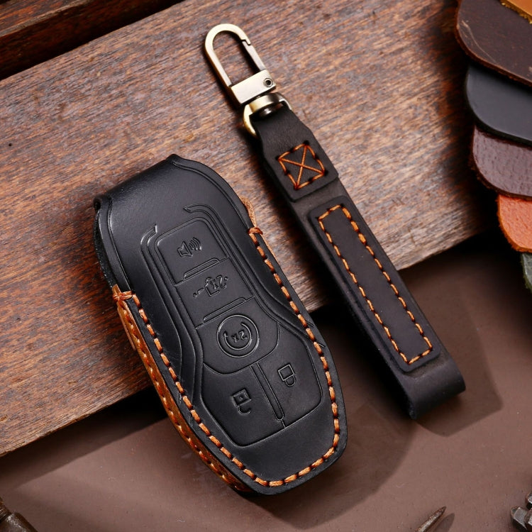 Black 3-button key leather protective case with metal key ring and orange stitching