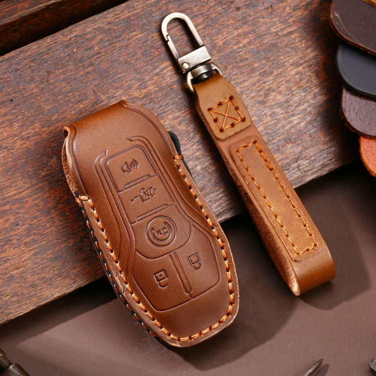 Brown 3-button key leather protective case with metal key ring and tan contrast stitching