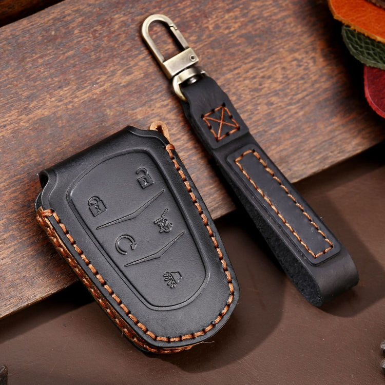 Black 5-button car key leather protective case with keyring loop and stitched edges