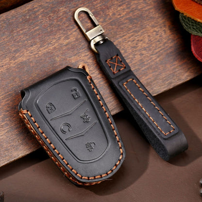 Black 5-button car key leather protective case with keyring loop and stitched edges