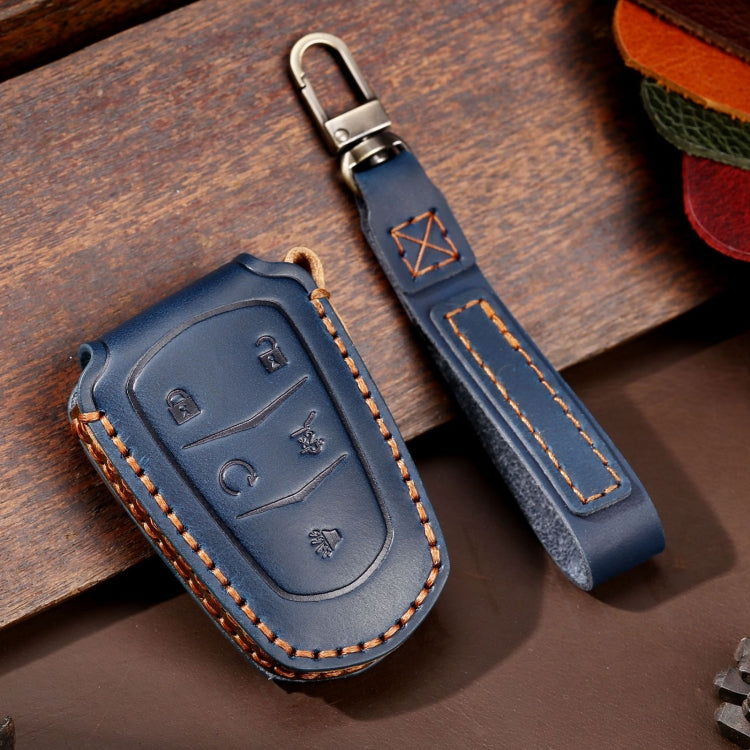 Blue 5-button car key leather protective case with keyring loop and orange stitching