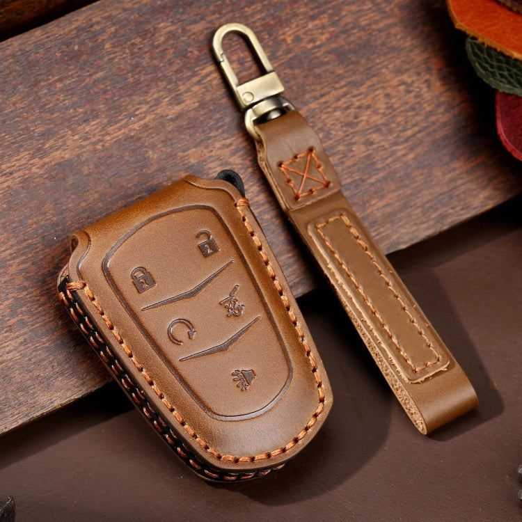 Brown 5-button car key leather protective case with keyring loop and tan contrast stitching
