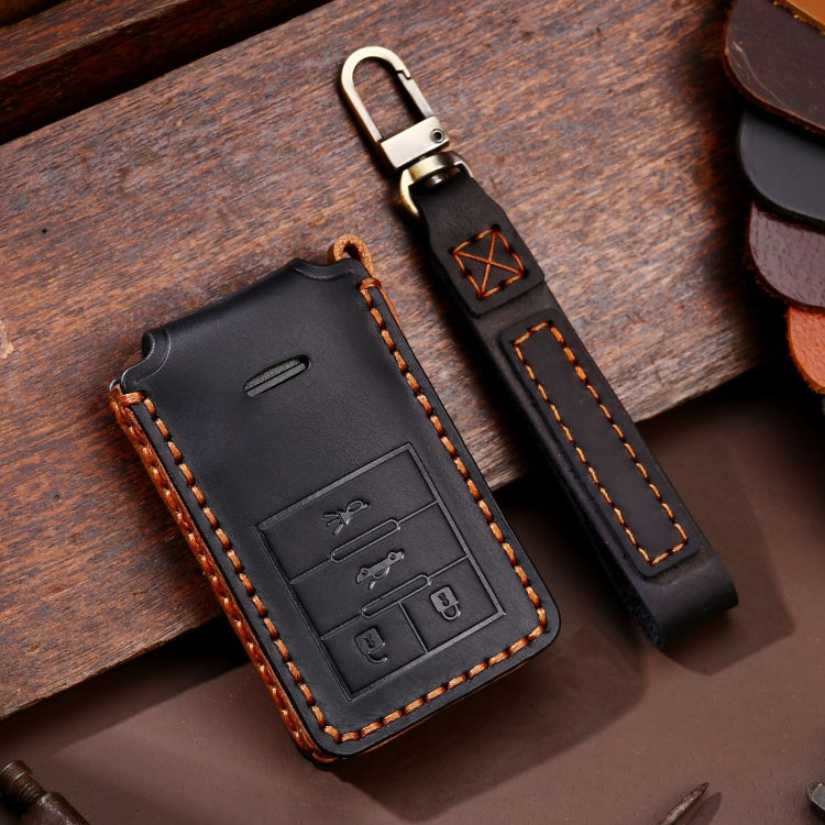 Cadillac 4-button leather key protective case, black with keyring and contrast stitching