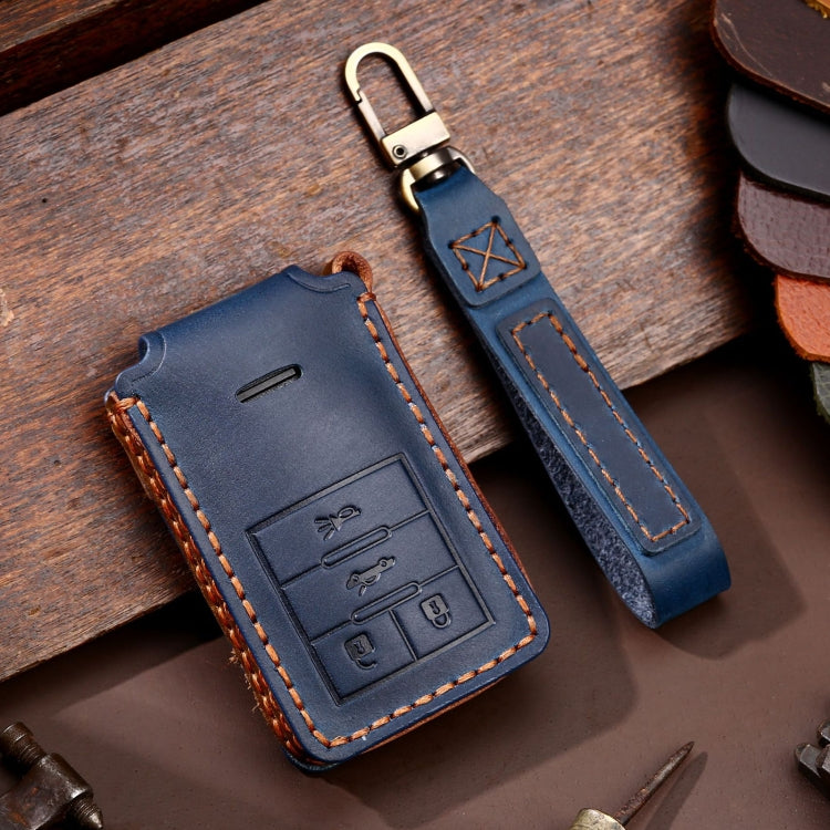 Cadillac 4-button leather key protective case, blue with keyring loop and contrast stitching