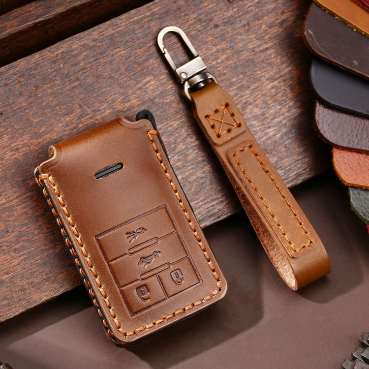 Cadillac 4-button leather key protective case, brown with keyring loop and contrast stitching