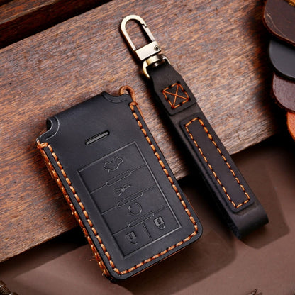 Black leather key fob protective case with key ring and stitched edges, 5-button layout