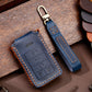 Blue leather key fob protective case with key ring and stitched edges, 5-button layout