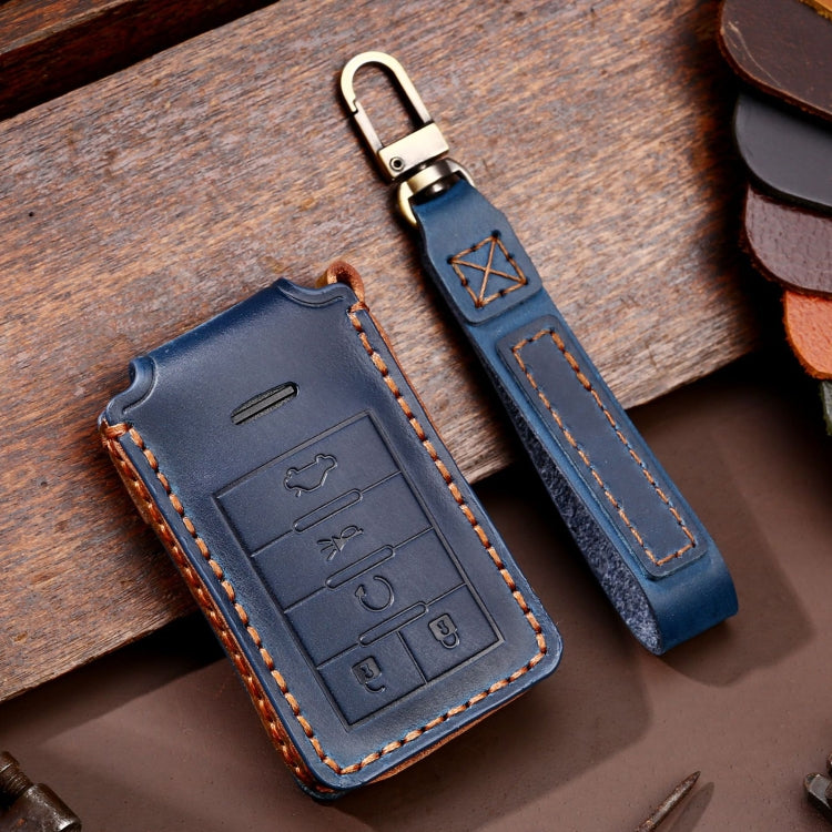 Blue leather key fob protective case with key ring and stitched edges, 5-button layout