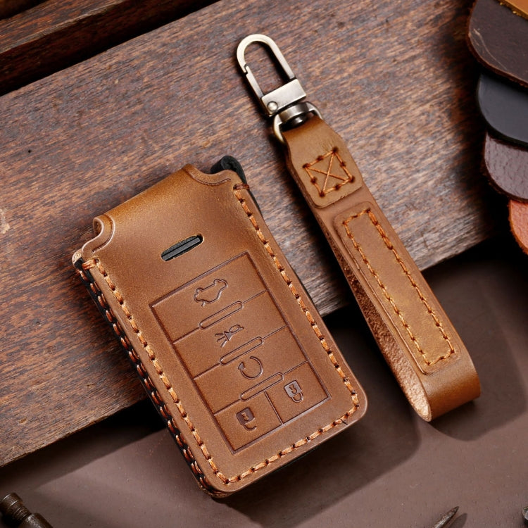 Brown leather key fob protective case with key ring and stitched edges, 5-button layout
