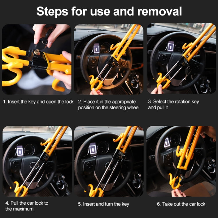 Yellow steering wheel lock installed across dashboard with key inserted into lock