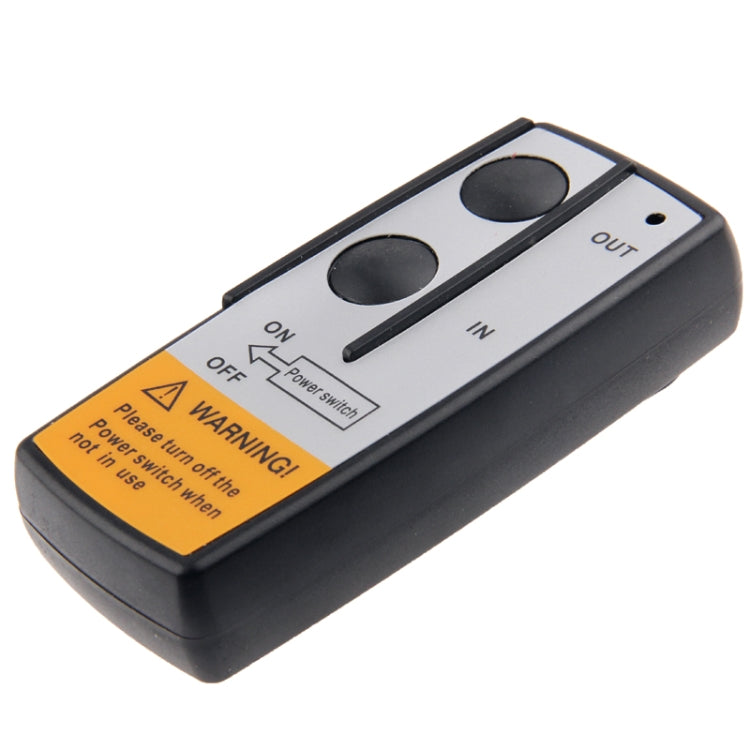 Handheld winch controller remote with two buttons, on/off switch, IN/OUT labels