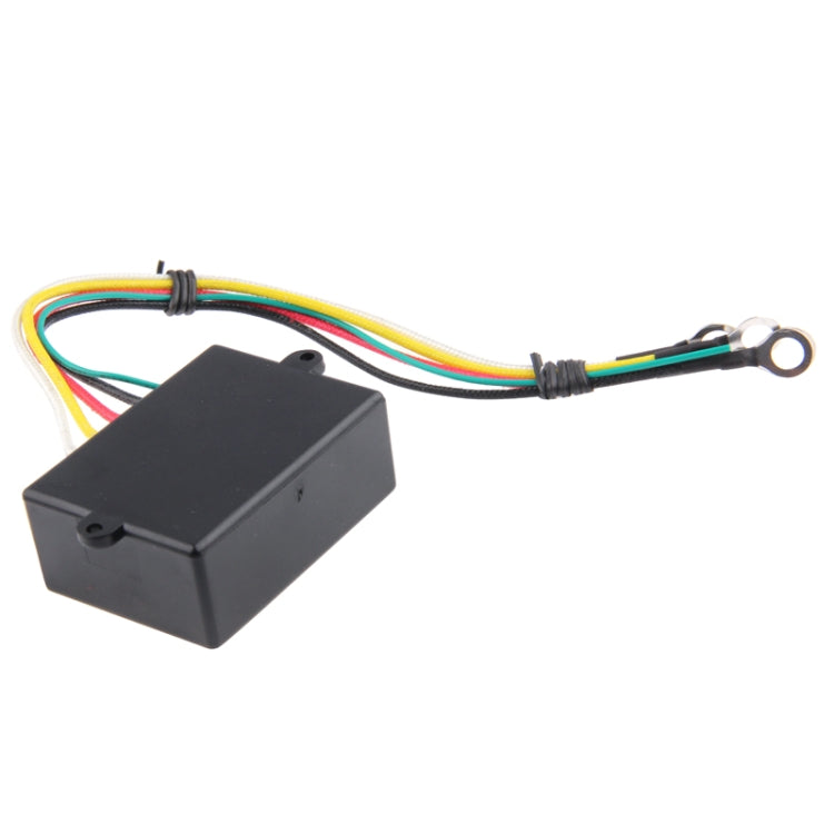 Black winch control module with multicolor wire leads and ring terminal