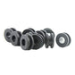 Motorcycle rear shock absorber buffer rings, stacked black rubber with center holes detail