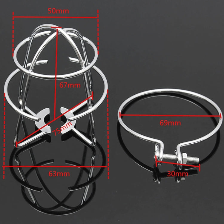 Sprinkler guard bracket with clamp screw, chrome cage; mounting dimension marks