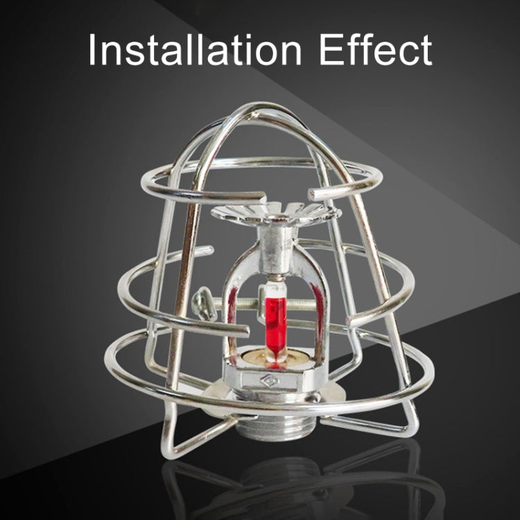 Sprinkler head guard bracket installed over a sprinkler head, chrome wire cage
