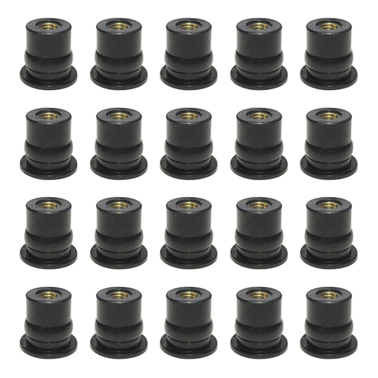 Set of black rubber well nuts with gold-tone threaded inserts, M6 size