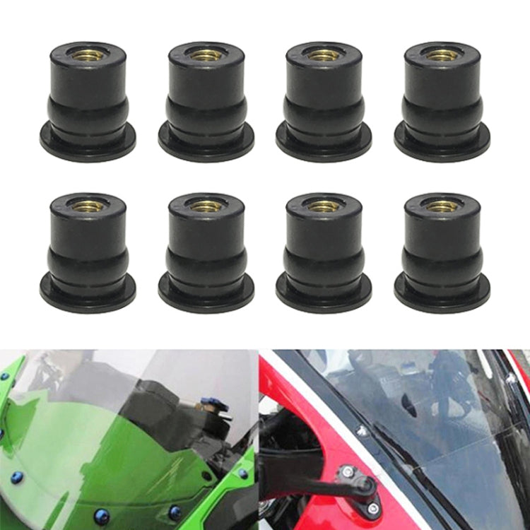 Black rubber well nuts with gold-tone threaded cores, M6 for windshield mounting
