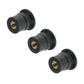 Three black rubber well nuts with visible gold threaded inserts