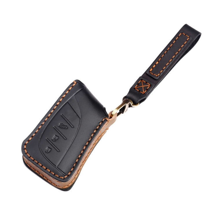 Black cowhide leather key fob cover with 3-button icons and tan top strap stitching