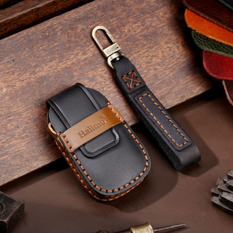 Black leather key fob cover with contrast stitching and key ring loop