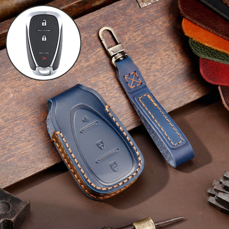Blue leather key fob cover with stitched edge and key ring loop
