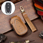 Brown leather key fob cover with stitched edge and key ring loop