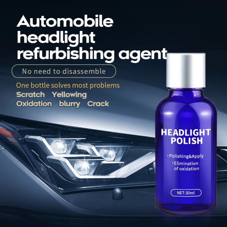 Car headlight polish bottle with silver cap, blue repair fluid and label