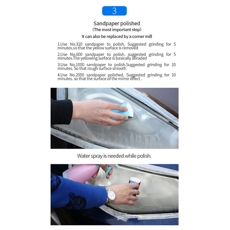 Car headlight repair instruction showing sanding polish with water spray