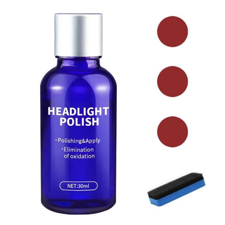 Headlight polish repair fluid bottle, blue liquid with silver cap, 30ml