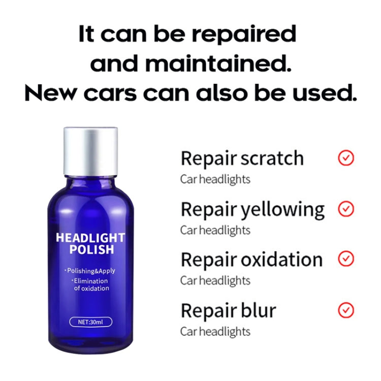 Headlight polish bottle showing repair uses for scratches, yellowing, oxidation, and blur