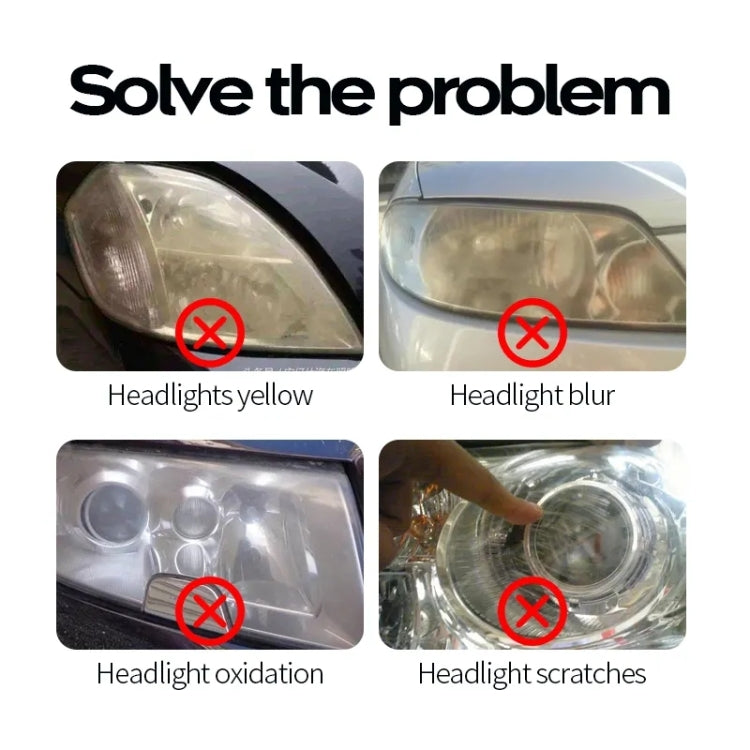 Car headlight repair problem examples with red X marks for yellowing, blur, oxidation, scratches