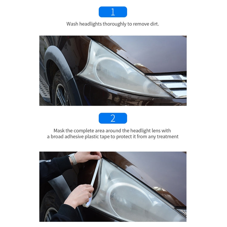 Car headlight lens being covered with adhesive tape for treatment protection
