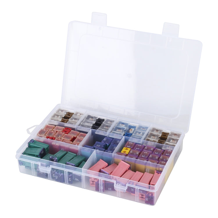 Inline blade fuse set in open clear organizer with assorted colored blade fuses
