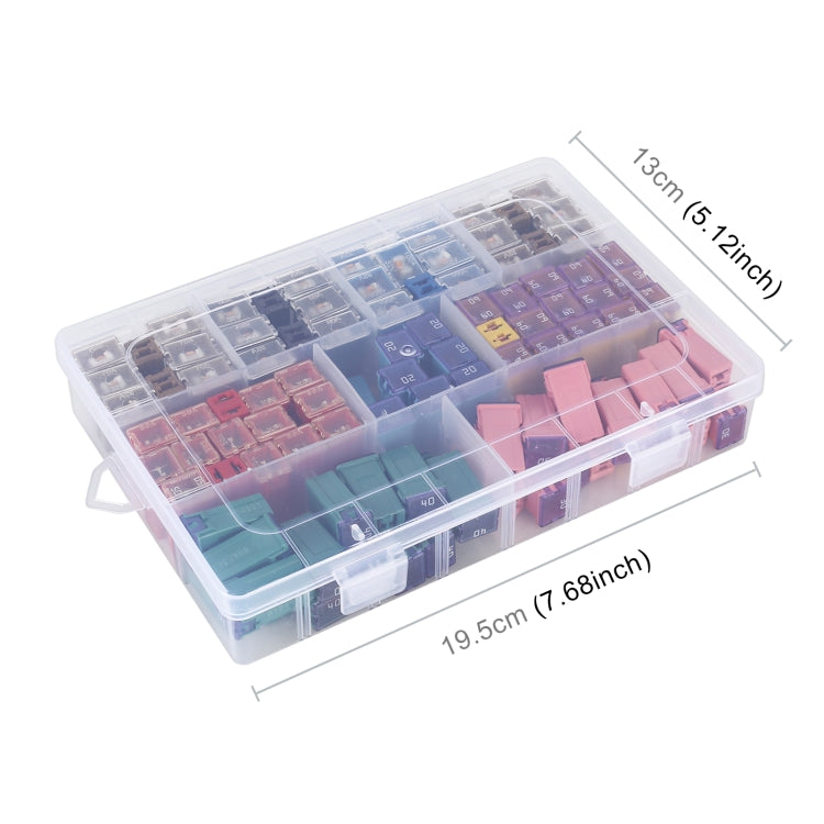 Clear organizer box with assorted colored inline blade fuses arranged in sections