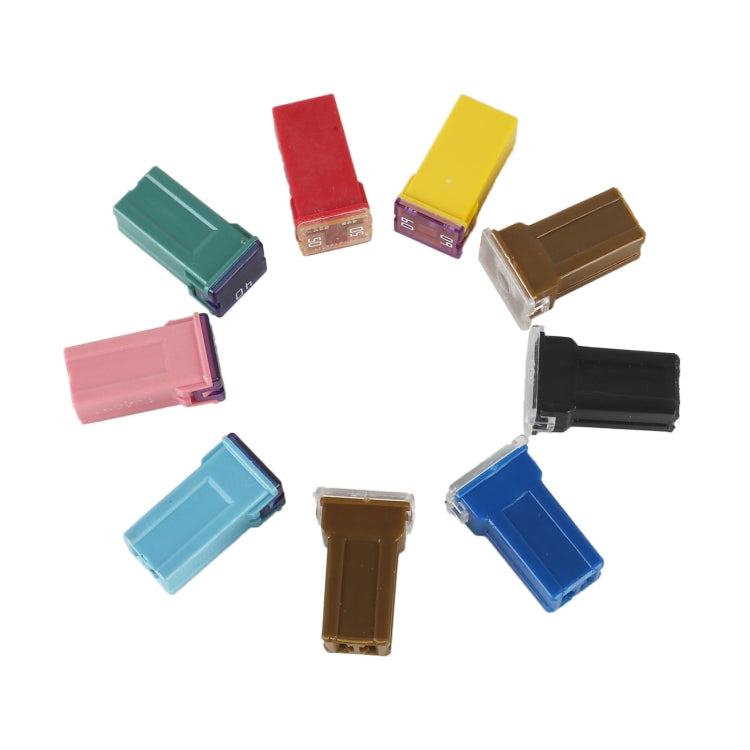 Assorted inline blade fuses shown individually in multiple colors