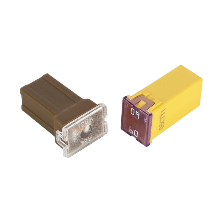 Two inline blade fuses with metal contacts, brown and yellow