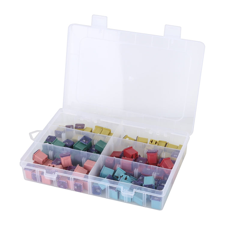 Open plastic fuse organizer with compartments of assorted colored blade fuses